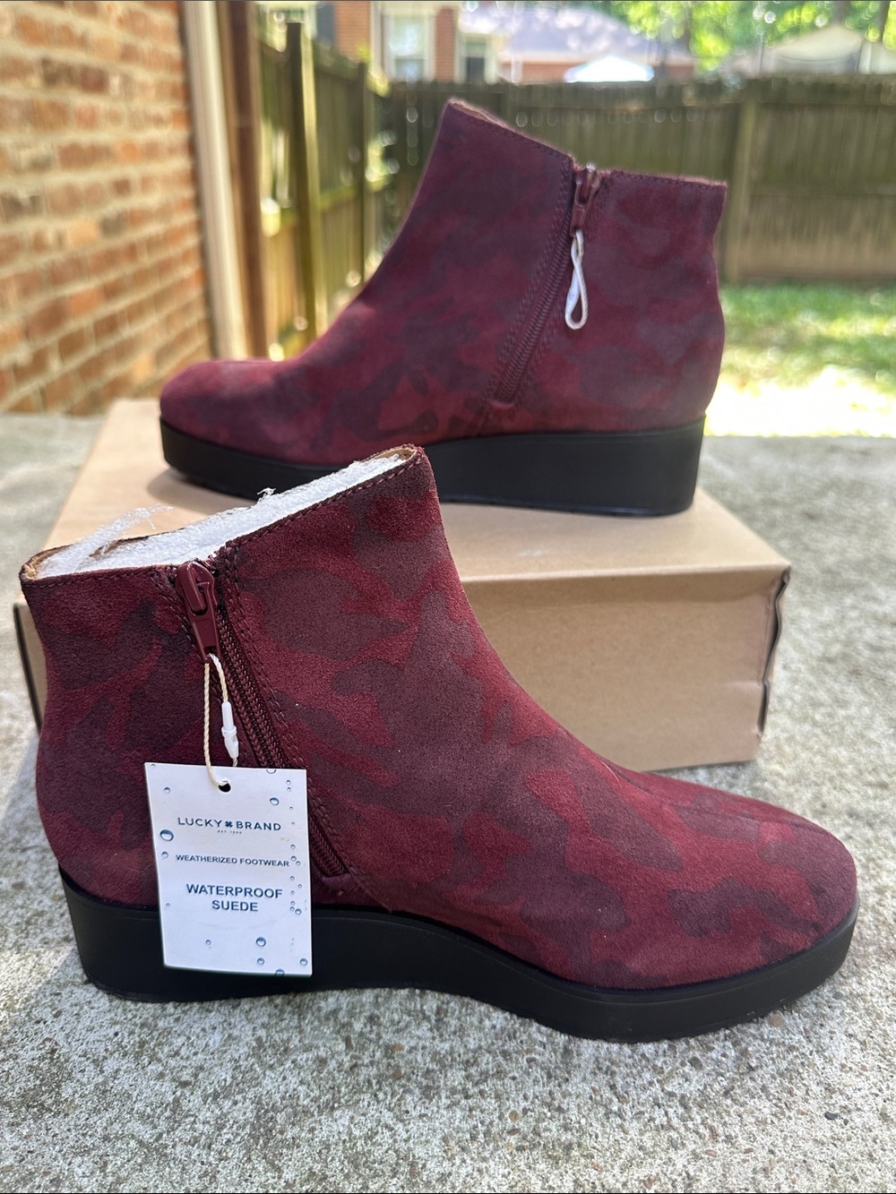 NWT Lucky Brand Women's Karmeya Sugar Red Waterproof Suede Booties with Side Zip